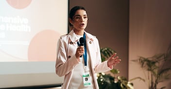 Business woman, workshop or speech for speaker in conference room for health seminar. 